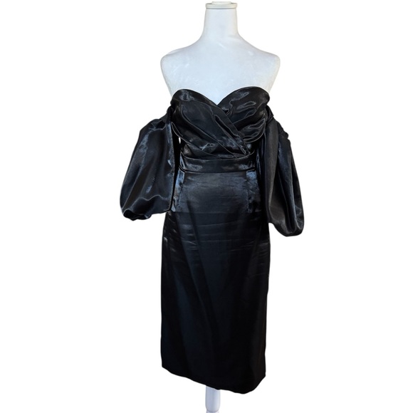 Beulah Style Black Off Shoulder Satin Midi Dress Puff Sleeves - Picture 9 of 16